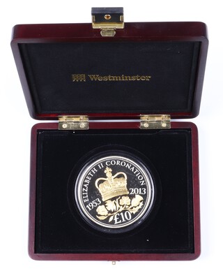 An Elizabeth II 925 Jersey silver proof and gold plated 10 pound coin 2013 celebrating the Coronation Jubilee, 5 oz and, mint sealed, contained in fitted case with COA. 403 of 450 