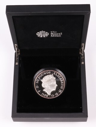 An Elizabeth II 999 silver proof 10 pound coin 2017 'The Queens Sapphire Jubilee', 5 oz , mint sealed, contained in fitted black presentation case with COA. 2 of 1500 