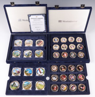 Two Westminster Mint coin collection sets - 'The Diamond Jubilee' 36 coins with gold plate and enamel portraits of Elizabeth II and 'Celebrating Britain' 12 coins with gold plate and enamel portraits of noted locations.  All mint sealed and contained in blue plush presentation cases