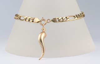 An Italian yellow gold marked 9kt flat link bracelet 19cm, together with a 9ct yellow gold  Staff of Life pendant, 3.7 grams 