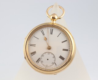W Figgs of 120 High Street Guildford, an open faced, key wind pocket watch with subsidiary second dial (the second hand is missing) contained in an 18ct gold case, 49.1 grams including glass but without movement, complete with key 