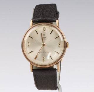 A gentleman's Tudor Royal wristwatch, the movement signed Tudor 21 rubies Swiss Made, contained in a 9t gold case no.27590 on a leather strap, the reverse engraved 22 July 1967  