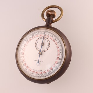 An unusual gun metal cased 2 colour dial chronograph pocket watch  with calendar dial, inscribed H Williamson Ltd. London, the movement numbered 3364 USPatent D.R.P.388992, the movement containing a cover marked Spare parts in here, Swiss Made, the 50mm case numbered 526436
