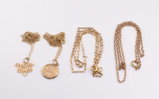Three yellow gold testing as 9ct fine link chains, 35cm, 36cm and 44cm, 1 with a yellow gold testing as 9ct St Christopher medal and a 9ct pierced pendant marked "Special Mum" 4.4 grams gross  