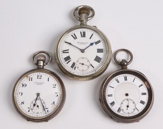 J W Benson of London, a keyless open faced pocket watch with subsidiary second hand, contained in a silver case London 1937, (currently running, has chips to the dial at 11 and 4), a Continental open faced key wind pocket watch  (back, hinge and case a/f) and 1 other open faced pocket watch  with enamelled dial and subsidiary second hand in a silver plated case (not running, crack to dial) 