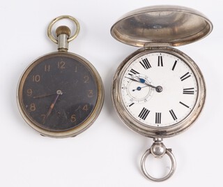 A Victorian key wind open faced pocket watch with enamelled dial, subsidiary second hand, the movement no.552 contained in a silver full hunter case London 1877 (glass missing, no key), together with an open faced keyless pocket watch  with black dial and subsidiary second hand (not working) together with a gilt Albert chain 
