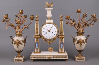 A 19th Century French clock garniture set comprising an 8 day striking mantel clock with silk suspension movement, the 12cm enamelled dial marked Thiery Paris, contained in a white marble and gilt mounted case 47cm h x 30cm w x 9cm d, together with a pair of 3 light marble and gilt metal candelabrum in the form of twin handled urns 