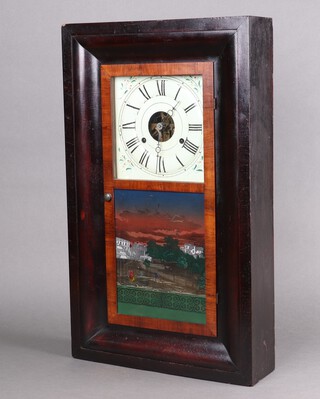 Seth Thomas, an American striking wall clock, the 21cm square painted dial with Roman numerals contained in a mahogany case, the door decorated a print of Stanwix and Congress Hill 65cm h x 39cm w x 11cm d, complete with pendulum, weights and key 