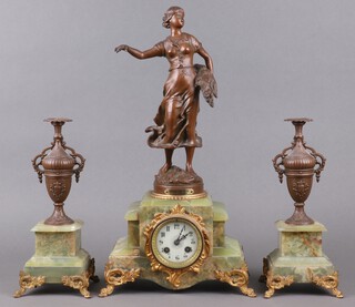 Japy Freres, a French 3 piece clock garniture comprising mantel clock with 7cm enamelled dial, Roman numerals, contained in a gilt metal and onyx case surmounted by a figure depicting The Harvest, complete with pendulum and key 53cm h x 27cm w x 16cm d, together with 2 side urns on onyx bases 32cm h x 14cm w x 12cm d 