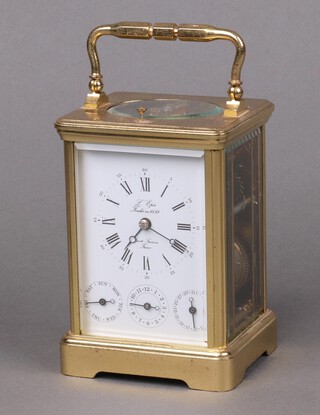 A 20th Century French carriage clock, the enamelled dial with 3 subsidiary dials, day, month and date, striking on a bell, the dial marked  L'Epee, contained in a gilt metal case, complete with key 12cm h  x 8cm w x 7cm d 