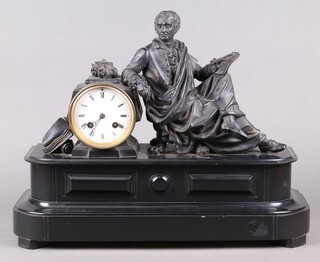 Vincenti, a French 8 day striking mantel clock with 8cm enamelled dial, Roman numerals, contained in a black marble and spelter case, supported by a figure of a seated robed scholar, the back plate marked 3021 6 and numbered 3024 64,  35cm h x 43cm w x 41cm d 