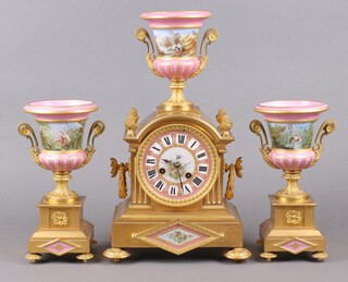 A handsome Louis Achille Brocot 19th Century French 3 piece clock garniture comprising striking mantel clock with 11cm pink "Sevres" porcelain dial with Roman numerals, the centre decorated birds and nest contained in a gilt ormolu case surmounted by an urn, complete with pendulum and key, the back plate of the clock marked A*B  and numbered 2743155, case numbered 3428  together with a pair of side urns with panelled decoration depicting landscapes and storks, the  bases numbered 5126, 42cm h x 24cm w x 17cm d