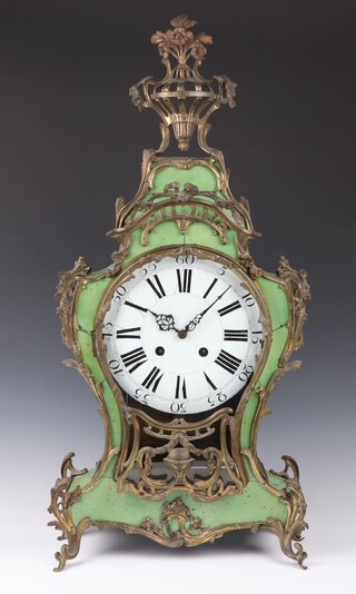 A large and impressive 18th Century Swiss Neuchatel striking clock with 25cm enamelled dial, Roman numerals, contained in a green tortoiseshell effect case with heavy gilt ormolu mounts, raised on panelled supports, surmounted by a pierced urn 88cm h x 40cm w x 17cm d, complete with pendulum but no key  