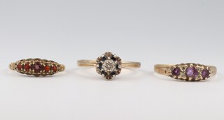 Three 9ct yellow gold gem set rings, 5.4 grams, sizes R 1/2, S and J 1/2 