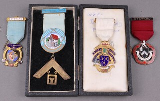 Masonic, a silver gilt and enamelled Past Masters jewel Chenham Lodge no.5401 together with a silver gilt Charity jewel, 61.2 grams including ribbons together with 2 gilt metal charity jewels 