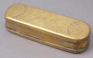 An 18th Century oval Dutch engraved tobacco box, the lid decorated figures and with script 4cm x 16cm x 5cm 