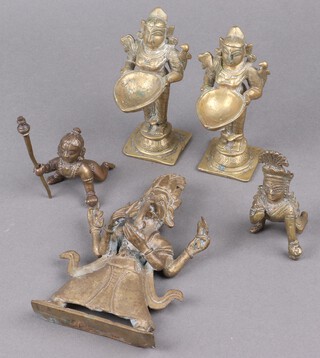 A 19th Century gilt bronze figure of a standing Gnash 16cm, pair of gilt bronze figures of temple attendants 13cm and 2 other bronze figures of kneeling attendants 8cm 