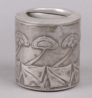Archibald Knox for Liberty, a Tudric cylindrical biscuit barrel, the base marked Tudric 193 11cm 