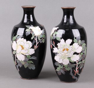 A pair of black ground club shaped cloisonne vases with floral decoration 31cm 