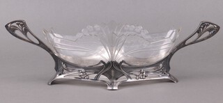 A WMF style Art Nouveau pierced pewter twin handled dish frame with cut and etched glass bowl, the base marked 252 12cm h x 43cm w x 13cm d 