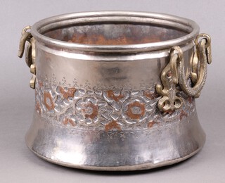 An Eastern embossed silvered copper twin handled jardiniere of waisted form 28cm h x 28cm diam.  