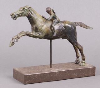 After the antique, a bronze figure "The Jockey of Artemision 150-146 BC", raised on a marble base 20cm h x 21cm w x 7cm d 
