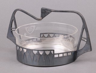 An Art Nouveau etched glass bowl contained in a circular pierced mount marked B WMF 1/0 12cm x 22cm  