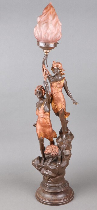 A brown and copper spelter figure depicting Industry, raised on a socle base, converted for use as a table lamp 92cm 