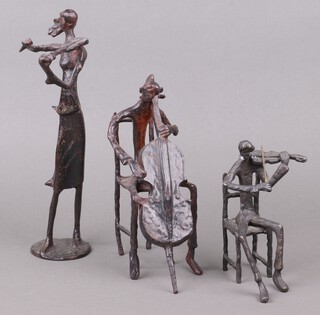 A 20th Century bronze figure of a standing lady violinist 29cm, ditto seated gentleman violinist 16cm, ditto cello player 21cm