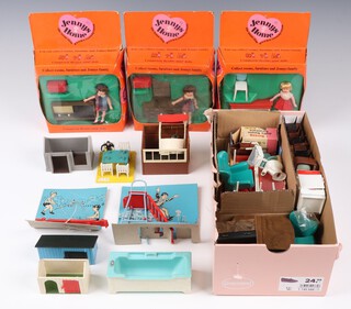 Three boxed Jennys Home dolls house furniture sets - JH53 Jenny With Kitchen Table, JH52 Jenny with Dressing Table and JH51 Jenny with Radiogram, together with a collection of unboxed Jennys Home furniture including television, bath, slide etc