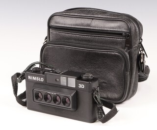 A Nimslo 35mm 3D camera, boxed, together with an associated flash also boxed and a soft carry case 
