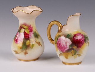 A Royal Worcester blush ivory vase of waisted form by Spilsbury with floral painted decoration, the base with pink Royal Worcester mark 2492 151/0 10cm together with a similar unsigned jug 9cm 