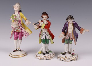 Three German porcelain figures of standing flutist (flute f), gentlemen with ruff in a purple jacket and a gentleman with a yellow jacket and bouquet, base with blue cypher mark and 1762, 14cm 