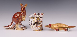 Three Royal Crown Derby Imari pattern paperweights from The Australian Collection Exclusive Signature Edition of 500 - duck billed platypus, koala and baby and kangaroo, all with gold stoppers, the koala and kangaroo signed by John Abbott, all boxed