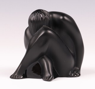 A Lalique 1993 black glass figure of a seated nude female 6cm, boxed