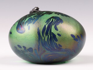 A John Dichfield Art Glass pebble shaped paperweight decorated a toad, base marked J Dichfield Glassform 7cm 