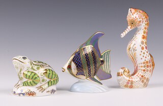 A Royal Crown Derby Imari pattern limited edition paperweight of a toad no.1103/3500 with gold stopper 7cm, a 1989 ditto of tropical angel fish LIII 11cm with gold stopper and 1 other swirl seahorse MXI 16cm, with gold stopper,  all boxed 