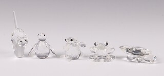 Five Swarovski Crystal figures - tortoise, cat, penguin, frog and mouse, all boxed 