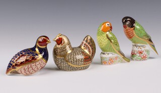 Four Royal Crown Derby Imari pattern limited edition paperweights - Partridge 1999 no. 2902/4500 5cm, Farmyard head 3408/5000, Black faced love bird limited to 2500, Red faced love bird  limited to 2500, all with gold stoppers and all boxed