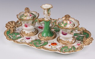 A 19th Century Derby style porcelain twin handled ink stand 36cm w with chamber stick, ink well and circular jar and cover, base marked 2/915 