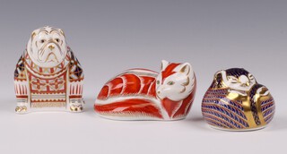 Three Royal Crown Derby Imari pattern paperweights -  Sleeping Dormouse LIV with gold stopper 4cm, Bulldog LV with gold stopper 9cm, Fox LIV with gold stopper 5cm, all boxed 