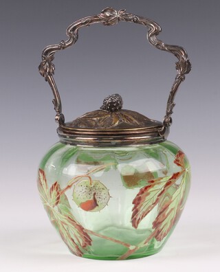 An Art Nouveau green glass biscuit barrel with floral silver plated mounts 12cm 