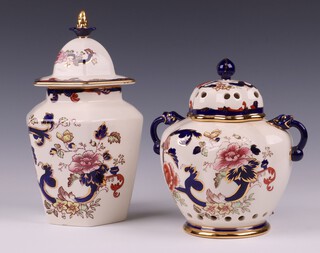 A Masons Blue Mandalay pattern twin handled pot pourri and cover 16cm together with a hexagonal urn and cover 25cm, boxed 