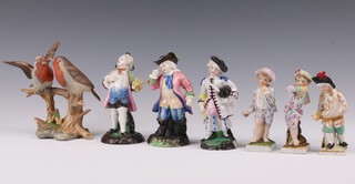 Three Dresden style figures depicting April, July and October 10cm (all a/f), 3 Continental porcelain figures of standing gentleman 11cm and a biscuit porcelain figure group of 2 robins 13cm  