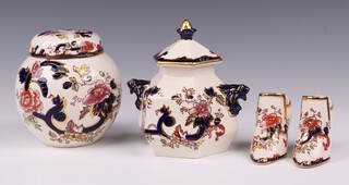 Two Masons Mandalay pattern models of ladies shoes 6cm, a hexagonal twin handled jar and cover 12cm and a ginger jar 12cm 