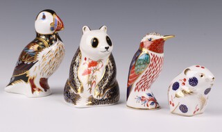 Four Royal Crown Derby Imari pattern paperweights -  Mouse LII 6cm with silver stopper, Bee Eater LIX gold stopper 10cm, Polar Bear LVIII gold stopper 10cm and a Puffin LIXX silver stopper (no boxes) 