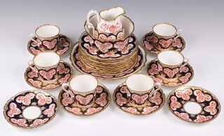 A Foley 27 piece Derby style tea service comprising circular bread plate, 10 tea plates (2 cracked), sugar bowl (cracked), cream jug (cracked), 8 saucers (4 cracked), 6 cups (3 cracked)