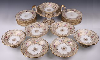 A 19th Century, possibly Worcester 27 piece dessert service comprising large twin handled comport (crack), 6 circular comports (1 a/f), 2 twin handled dishes, 18 plates, some pieces marked 1699
