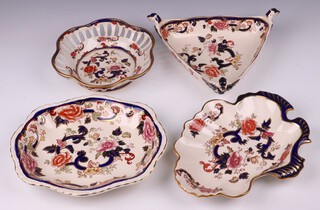 A Masons triangular Mandalay pattern bowl (cracked), an oval shaped dish and a ribbon ware dish 