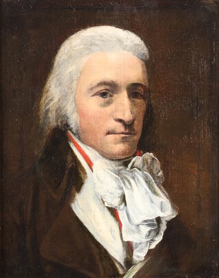 Attributed to Ezra Ames (American, 1768-1836), Half Length Portrait of Joseph Warford, oil on canvas, Christies stencil verso, relined, 44cm x 34cm, within a gilt composition frame. Note: Joseph Warford is recorded as having sat for Ames in 1810.